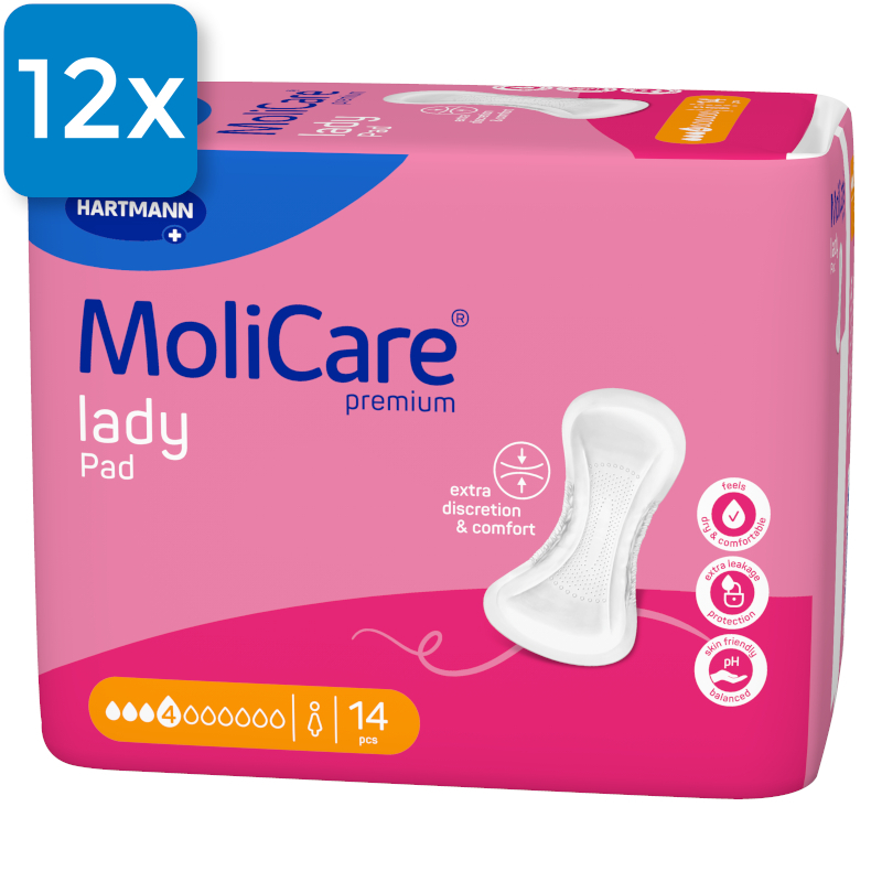 Die Vorderseite einer Packung Molicare Premium Lady Pad 4 Tropfen. Oben links ist ein blaues Viereck mit der Aufschrift 